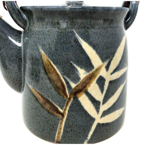Vintage Studio Art Pottery Tea Set Bamboo Design Stoneware Teapot & 4 Cups Mugs - Picture 4 of 16